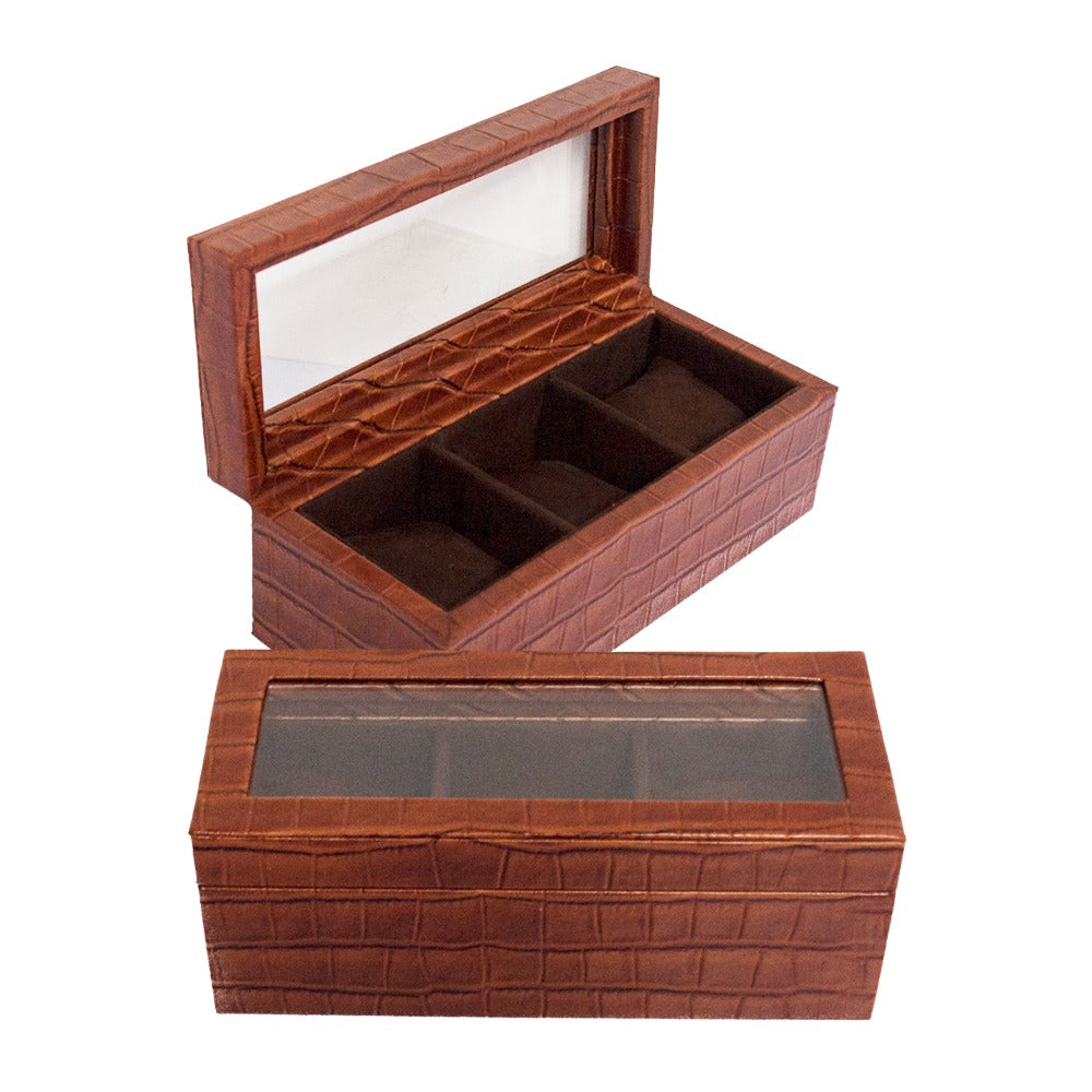LEATHER AND GLASS WATCH BOX WITH 3 SLOTS