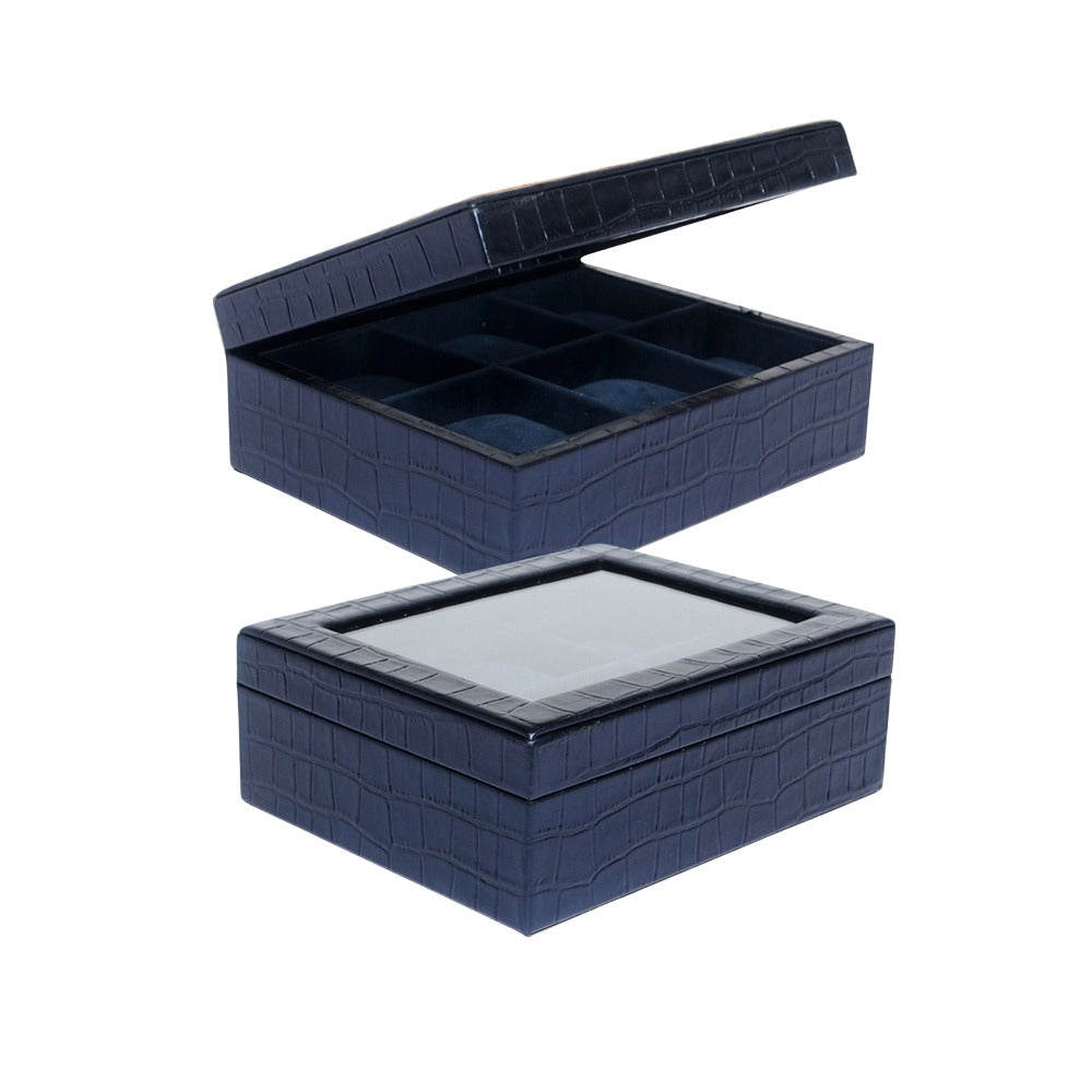 LEATHER WATCH BOX GLASS LID 6 SLOTS