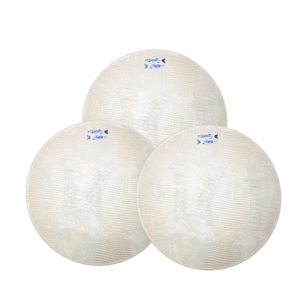 INDIVIDUAL REDONDO TEJUS PLATA BEIGE CON IMPRESION
