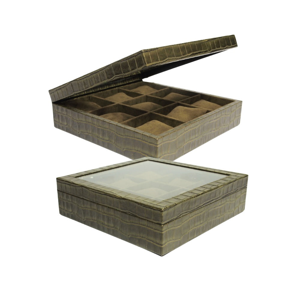 LEATHER GLASS WATCH BOX 9 SLOTS