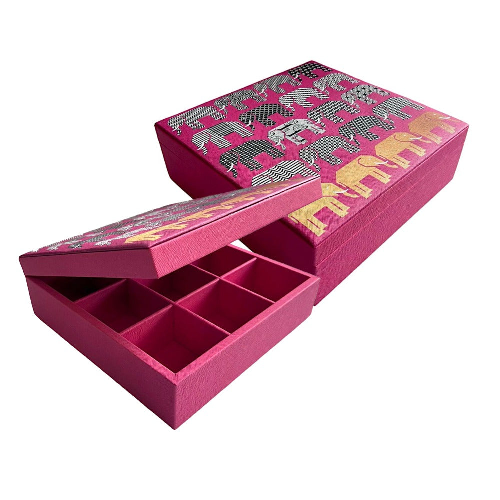 CAJA DE TE 9 FORRO MAGENTA ELEFANTES