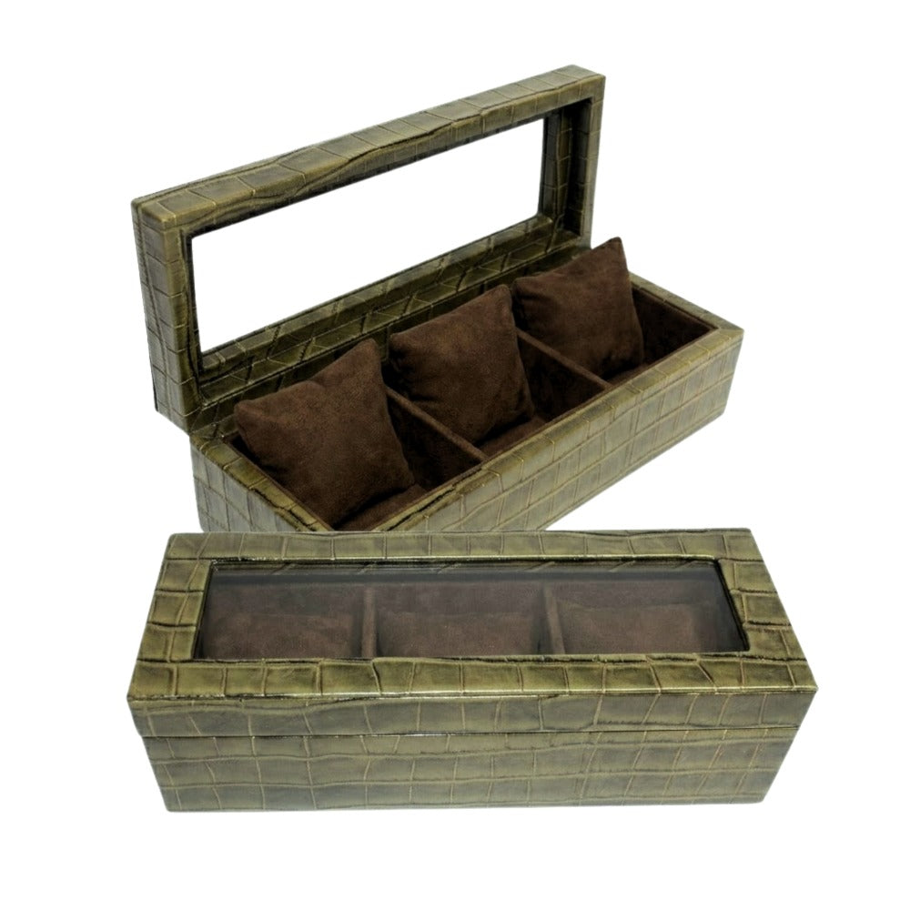 LEATHER AND GLASS WATCH BOX WITH 3 SLOTS
