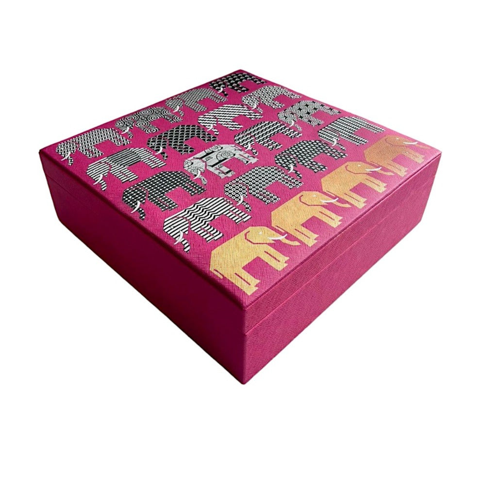 CAJA DE TE 9 FORRO MAGENTA ELEFANTES