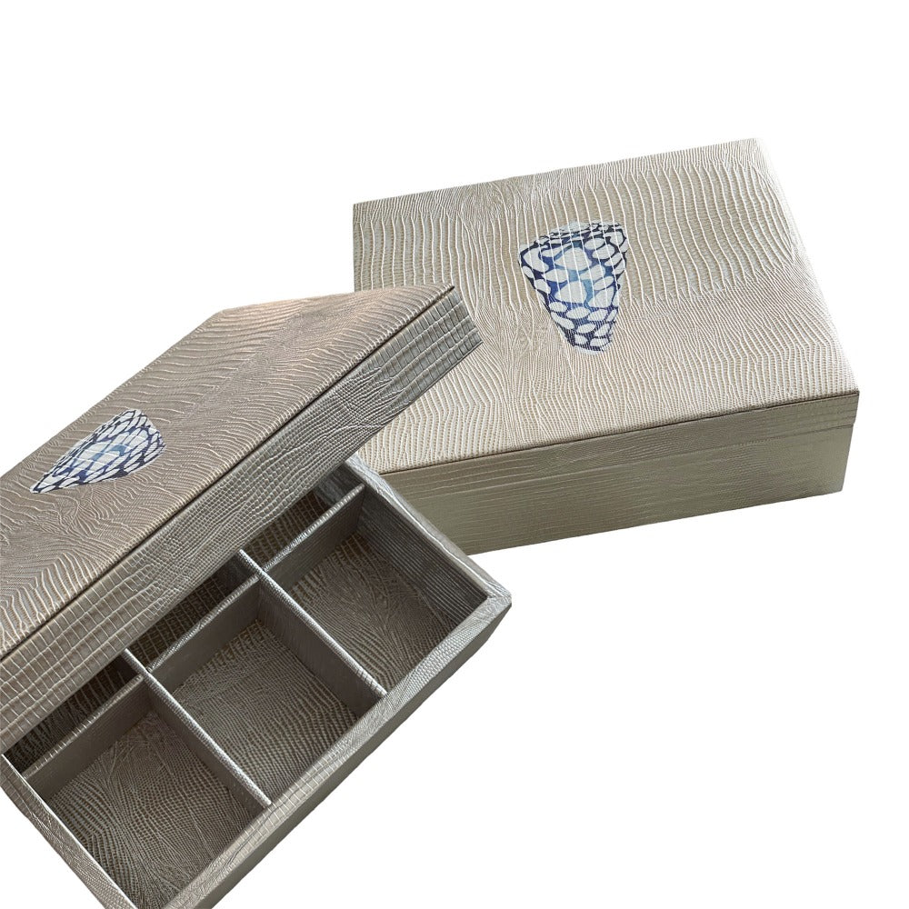 CAJA DE TE 6 TEJUS PLATA BEIGE